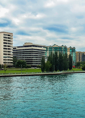 G1 FCA office building along the river in Windsor, Ontario
