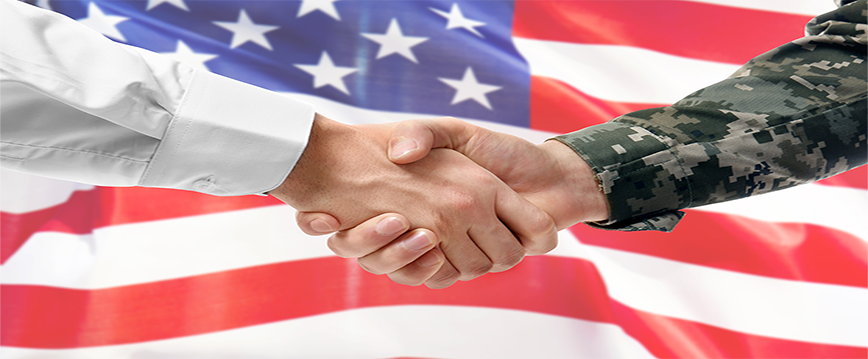 military handshake with united states flag background
